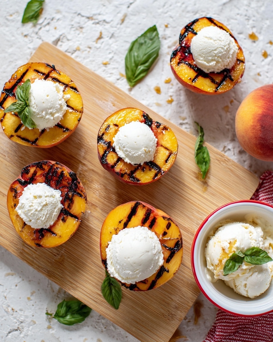 The image shows four halves of grilled peaches arranged on a wooden board over a white cloth with a red stripe, placed on a white marbled surface. Each peach half has dark grill marks on the bright orange-yellow flesh. Two of the peach halves at the front are topped with a generous scoop of white ice cream, with a small drip of melting ice cream flowing down the side of one peach. In the background, a white ramekin cup is slightly blurred, and there are a few green leaves scattered casually on the board. photo taken with an iphone --ar 4:5 --v 7
