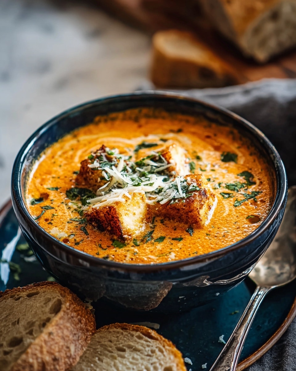 A dark blue bowl filled with creamy orange soup sits on a white marbled surface. The soup has a smooth texture with some small bubbles on top, and three pieces of golden-brown crispy tofu float in the center, sprinkled with chopped green herbs and thin white cheese shreds. Next to the bowl, there are two slices of crusty bread with a golden crust and soft inside placed on a dark plate, along with a vintage silver spoon. The background is softly blurred showing more bread pieces. photo taken with an iphone --ar 4:5 --v 7