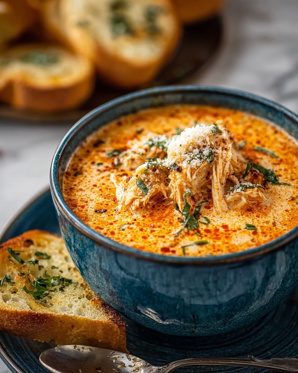 A close-up of a blue ceramic bowl filled with creamy orange soup, topped with chunks of shredded chicken, sprinkled with green herbs and white grated cheese. The soup has a smooth texture with small flecks of red seasoning. Next to the bowl, on a silver plate with a spoon, there is a piece of toasted bread with a light golden crust and some green garnish. The background shows more bread out of focus, all on a white marbled surface. Photo taken with an iphone --ar 4:5 --v 7