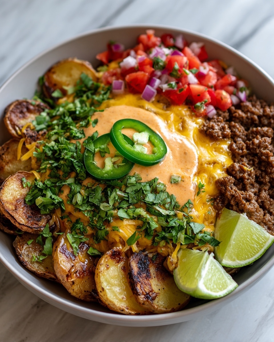 A beige bowl holds a colorful dish with four main layers placed side by side. On the left, there is a dark brown cooked ground meat with a crumbly texture. Next to it on the right, there are six golden brown crispy potato slices in two rows, with some green chopped herbs sprinkled on top. In the center, covering the middle of the potatoes and meat, sits a glossy yellow melted cheese sauce topped with small red chili flakes and green herbs. On the right side, there are chopped bright red cherry tomatoes mixed with small pieces of purple onion and green herbs. The bowl is placed on a wooden board with two lime halves in the background on a white marbled surface. photo taken with an iphone --ar 4:5 --v 7