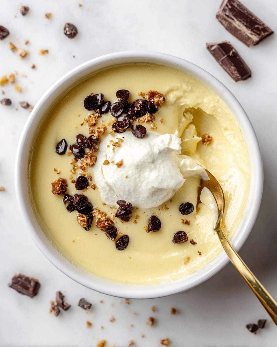 The image shows a white round ramekin filled with a smooth, creamy light yellow dessert that has a slightly wrinkled surface. On top, there is a small cluster of dark brown, crunchy-looking nuts and chocolate chips scattered over one section near the center, with some pieces extending outward. Around the ramekin, more nuts and chocolate bits are scattered on the white marbled surface. To the right of the ramekin lies a shiny gold spoon resting on the surface. A white cloth with frayed edges is partially visible in the upper right corner. Photo taken with an iphone --ar 4:5 --v 7