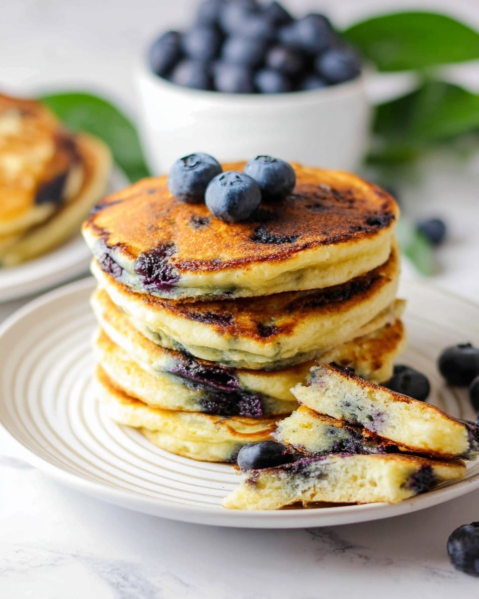A stack of five golden-brown blueberry pancakes sits centered on a white plate with subtle circular lines. Each pancake is thick and fluffy, with visible dark purple blueberry spots inside. The top pancake has three fresh blueberries placed on it. Behind the plate, there is a white bowl filled with more blueberries, and some green leaves blurred in the background. The surface is a white marbled texture. In the foreground, a slice is cut out, showing the soft, moist inside with blueberries. photo taken with an iphone --ar 4:5 --v 7