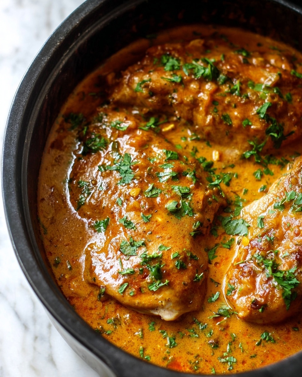 A close-up view shows three pieces of chicken, golden-brown and covered with a thick, creamy orange-brown sauce in a black pot. The sauce has a smooth texture with small chunks of ingredients visible, giving it a rich, hearty look. Bright green chopped herbs are sprinkled evenly on top, adding a fresh contrast to the warm colors of the chicken and sauce. The edge of the black pot frames the dish, and the pot sits on a white marbled surface. photo taken with an iphone --ar 4:5 --v 7