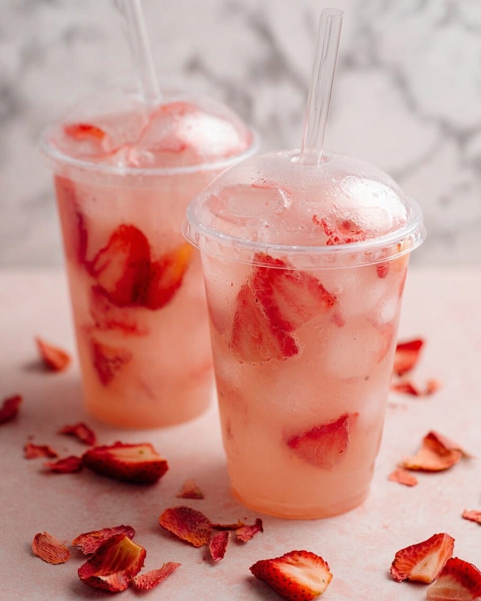 Two clear glasses filled with a layered pink and light orange drink with visible crushed ice and slices of red strawberries throughout. The front glass has a layer of white liquid being poured on top, contrasting with the pink drink below. Both glasses have clear straws and are placed on a white marbled surface, scattered with red strawberry slices around them. The background is softly blurred with a white brick wall texture. photo taken with an iphone --ar 4:5 --v 7