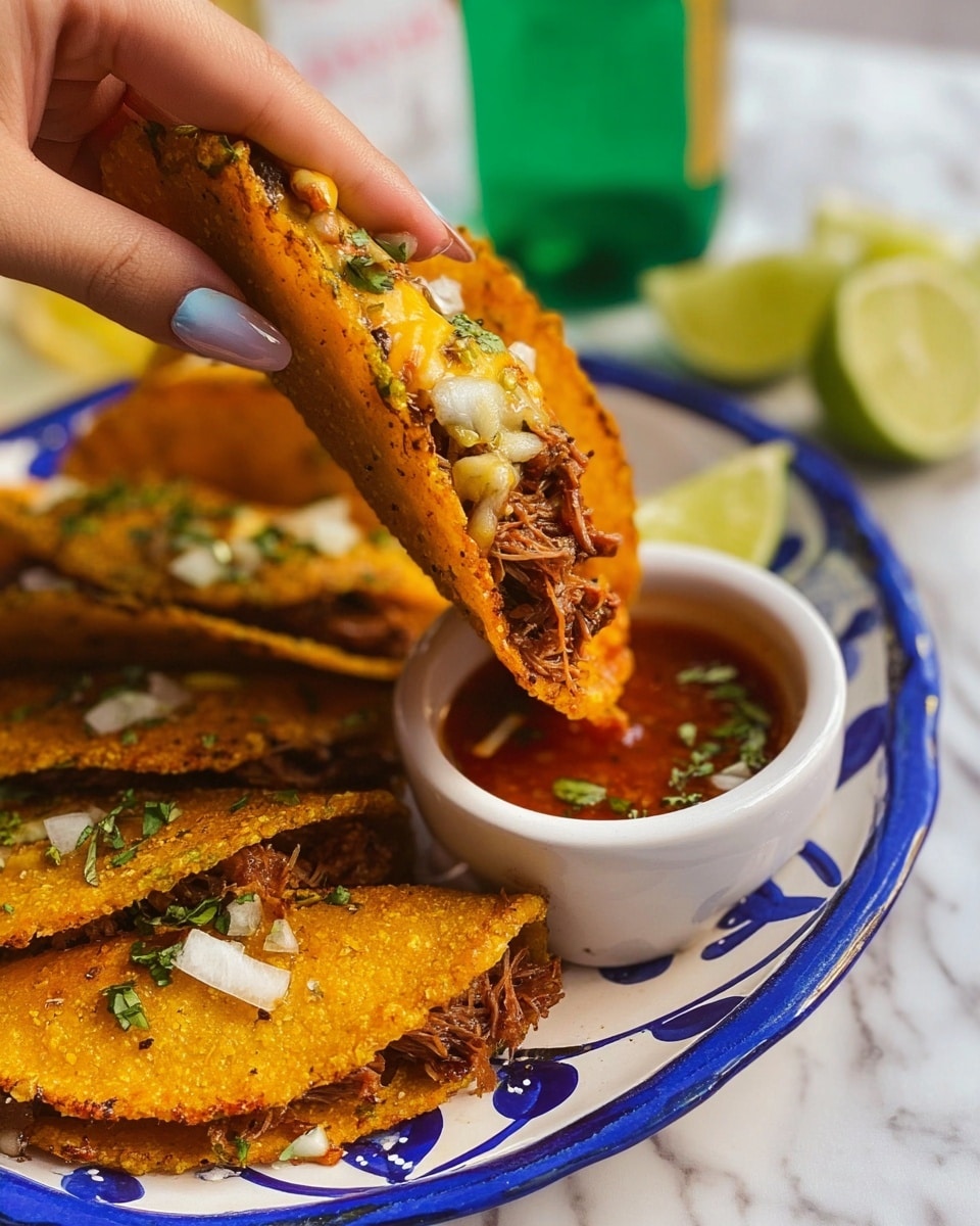 A close-up of a woman's hand holding a golden-orange crispy taco shell filled with shredded meat, melted cheese, small white onion pieces, and chopped green herbs, dipping into a small white bowl of red sauce with herbs floating on top. The tacos rest on a white plate with blue decorative patterns, placed on a white marbled surface. Lime wedges and a green beer bottle are blurred in the background. photo taken with an iphone --ar 4:5 --v 7