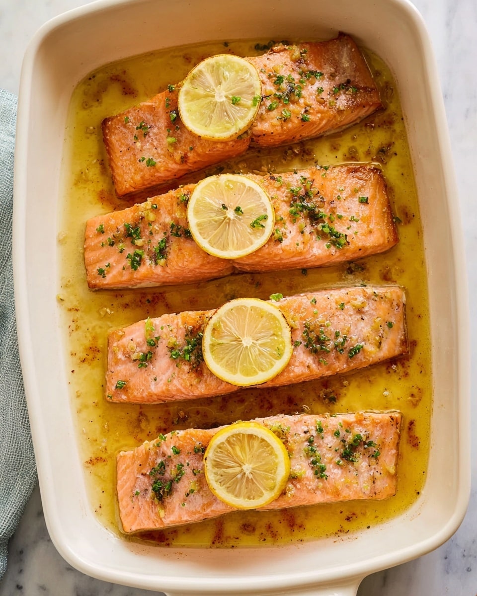 A white baking dish holds four pieces of cooked salmon fillets arranged in a single layer from top to bottom. Each fillet is a soft pink-orange color with a slightly crispy texture on the edges and is topped with a round slice of lemon sprinkled with small green herb bits. The fish is bathed in a light golden sauce with visible small bits of seasoning. The background shows a white marbled surface. photo taken with an iphone --ar 4:5 --v 7