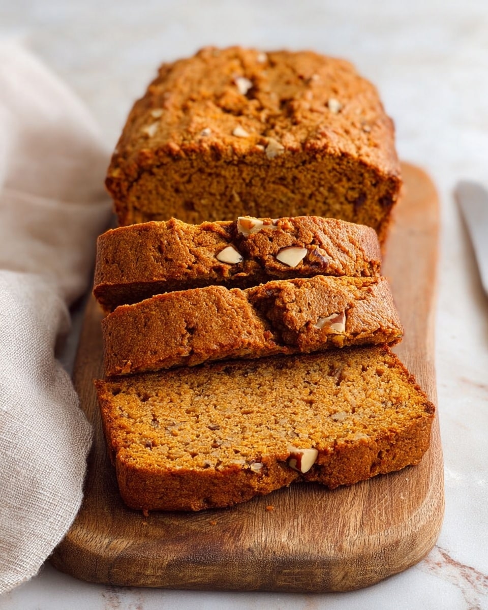 The image shows several slices of dense pumpkin bread arranged overlapping on a wooden board with a soft beige cloth beside it. The pumpkin bread is a warm orange-brown color with a slightly rough texture and visible pieces of chopped nuts scattered throughout each slice, adding small white and brown specks. The bread crust is darker and firm, contrasting with the moist, porous inside. The background surface is changed to a white marbled texture. photo taken with an iphone --ar 4:5 --v 7