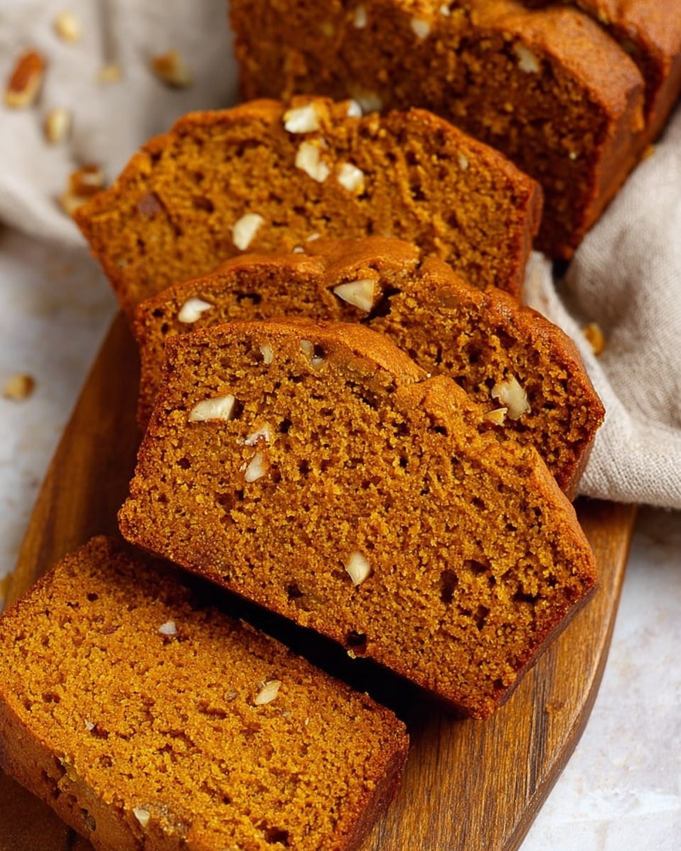 A sliced loaf of golden brown bread with a rough, textured crust sits on a wooden cutting board. The bread has four visible slices, with the front two slices showing a dense, moist inside dotted with small pieces of nuts. The top crust is slightly cracked, revealing a soft interior. The setting is simple with a light-colored cloth partially visible on the side against a white marbled surface background. Photo taken with an iphone --ar 4:5 --v 7
