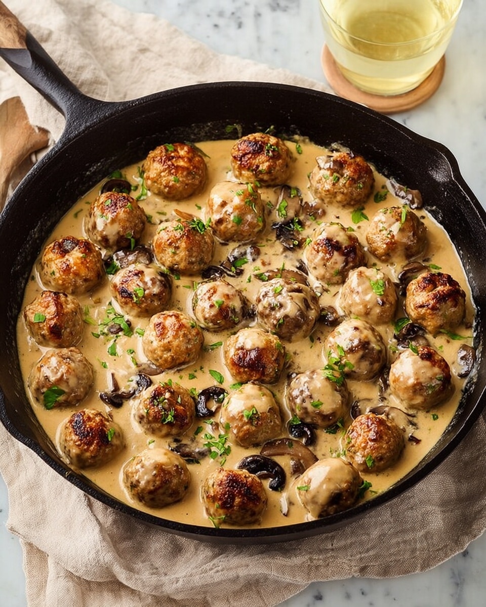 The dish shows a white bowl filled with a creamy, smooth layer of pale white mashed potatoes forming the base. On top, there are seven golden-brown meatballs arranged closely, each covered with a light beige creamy sauce speckled with herbs and small spices. Bright green chopped herbs are sprinkled over the sauce, adding a fresh pop of color. The bowl sits on a white marbled surface with scattered pieces of torn bread nearby. Three transparent glasses filled with a golden liquid are visible in the background. Photo taken with an iphone --ar 4:5 --v 7