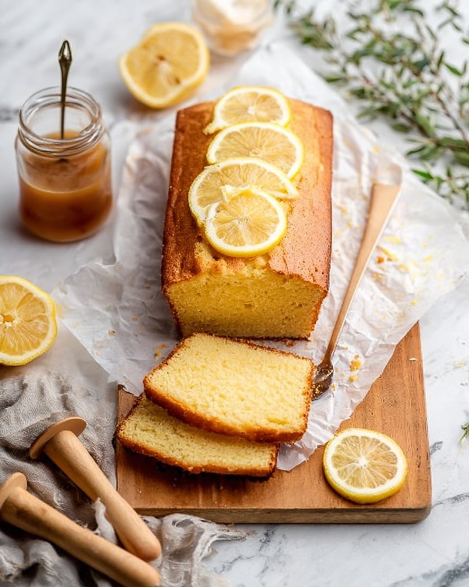 A loaf of lemon cake resting on white parchment paper on a wooden board, sliced to show its soft, yellow crumb. The top layer is golden brown with a sugary, slightly crusty texture that glistens gently. Three thin lemon slices with bright yellow rinds and pale yellow interiors lie neatly on the loaf's crown. A single slice lies flat in front, exposing the moist layer inside, lighter yellow and fluffy. The backdrop and surface are a white marbled texture, with blurred glass bottles and a small jar in the background. photo taken with an iphone --ar 4:5 --v 7
