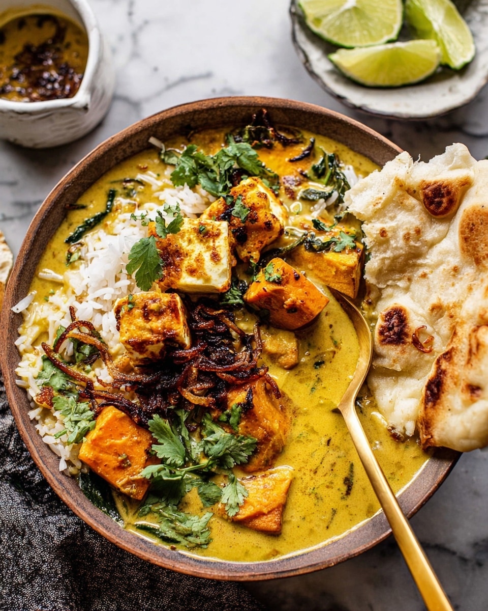 A bowl of rich yellow curry with chunks of chicken and bright orange sweet potato pieces in a creamy, slightly textured sauce. On top, there are crispy, thin fried onions piled in the center with a few fresh green basil leaves placed near the edge. Small green herb bits are scattered throughout the curry, giving a fresh contrast to the warm colors. The steak sits in a round white bowl with a simple rim, set on a white marbled surface. photo taken with an iphone --ar 4:5 --v 7