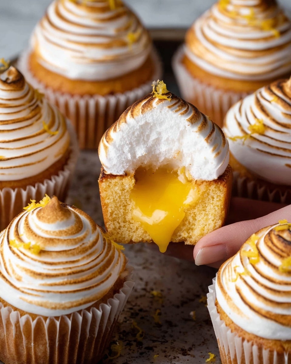 Eight small muffin-shaped cakes sit in a baking tray with a white marbled texture underneath. Each cake has one layer, made of a soft, light yellow sponge with a slightly rough texture. On top of each cake is a shallow round well filled with a glossy yellow filling that looks smooth and shiny. The cakes are arranged close together, showing their golden brown ridged paper wrappers. The photo taken with an iphone --ar 4:5 --v 7