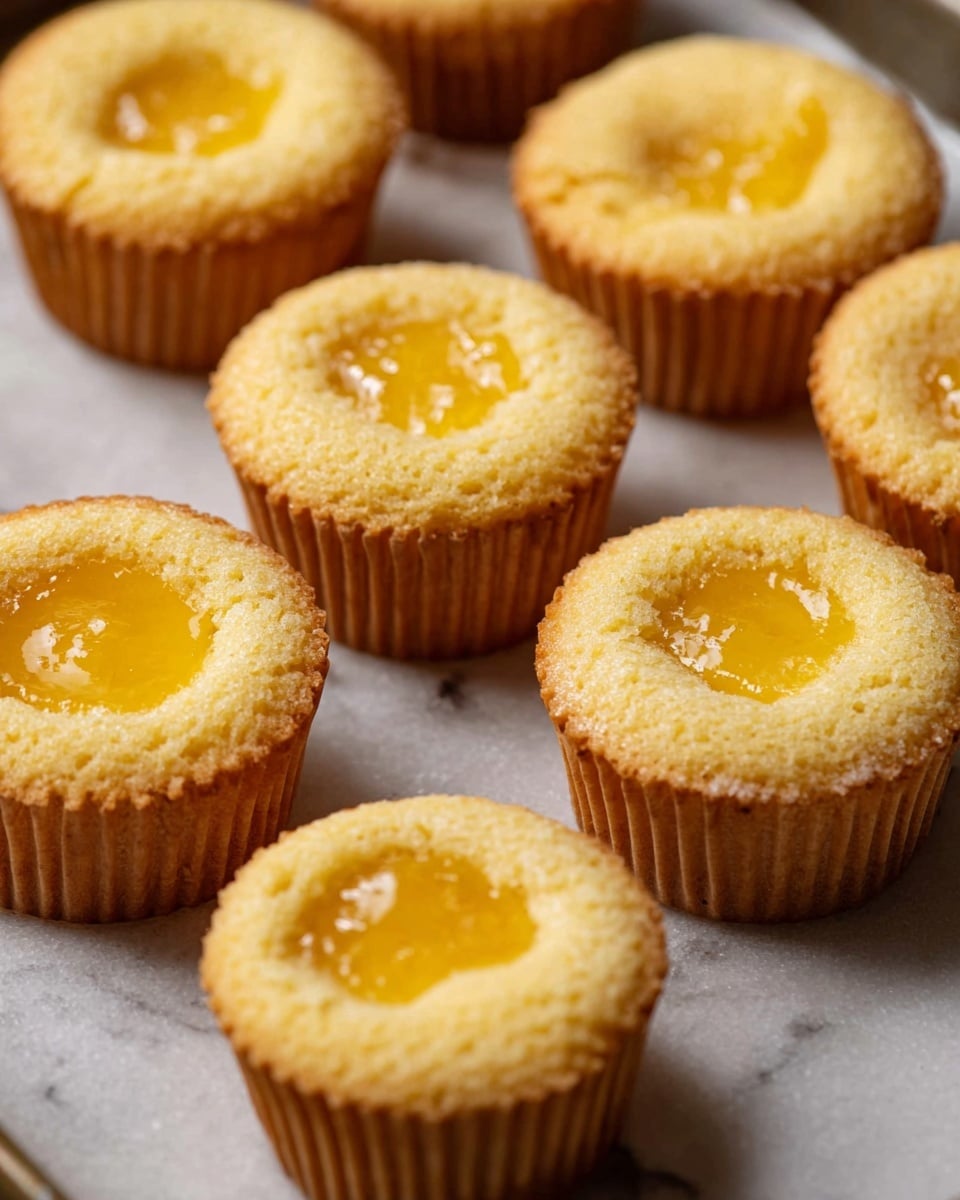 The image shows several cupcakes with three clear layers: a golden brown cake base, a thick swirl of white toasted meringue topping with light brown edges, and a bright yellow lemon curd in the center of some cupcakes. One cupcake is cut open to show the lemon filling oozing out, held by a woman's hand, and all cupcakes sit inside white paper liners on a dark tray, with a white marbled surface in the background. The texture of the meringue is smooth and swirled, and small bits of lemon zest are sprinkled on some of the tops. Photo taken with an iphone --ar 4:5 --v 7