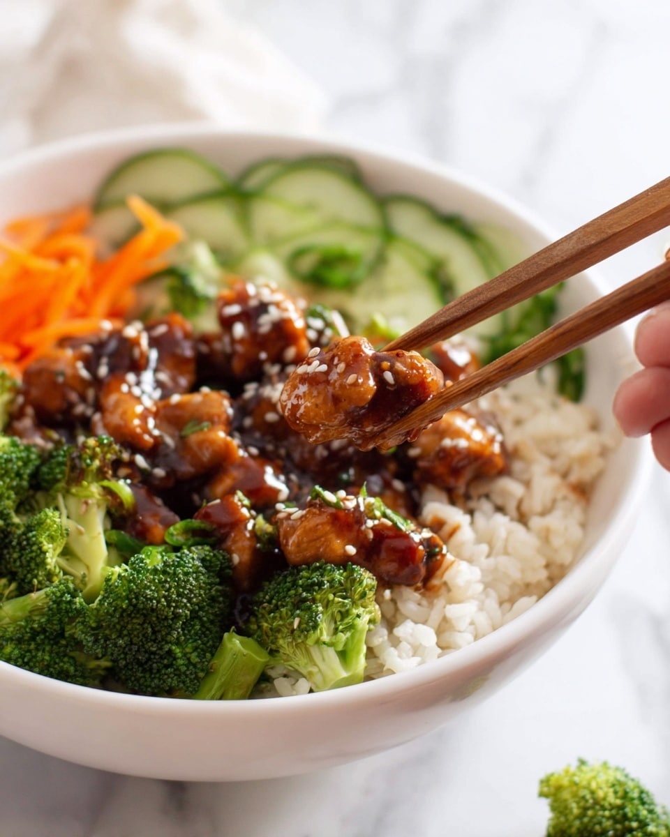 The image shows a white bowl filled with food arranged in layers. At the base, there is a layer of white rice with a soft texture. On top of the rice, there are bright green broccoli florets and thin orange carrot sticks, along with sliced green cucumbers, adding fresh and crunchy textures. The top layer is made of bite-sized pieces of chicken coated in a glossy, dark brown sauce, sprinkled with white sesame seeds. A pair of wooden chopsticks held by a woman's hand is lifting one piece of the sauced chicken. The bowl sits on a white marbled surface with some broccoli pieces scattered around. photo taken with an iphone --ar 4:5 --v 7