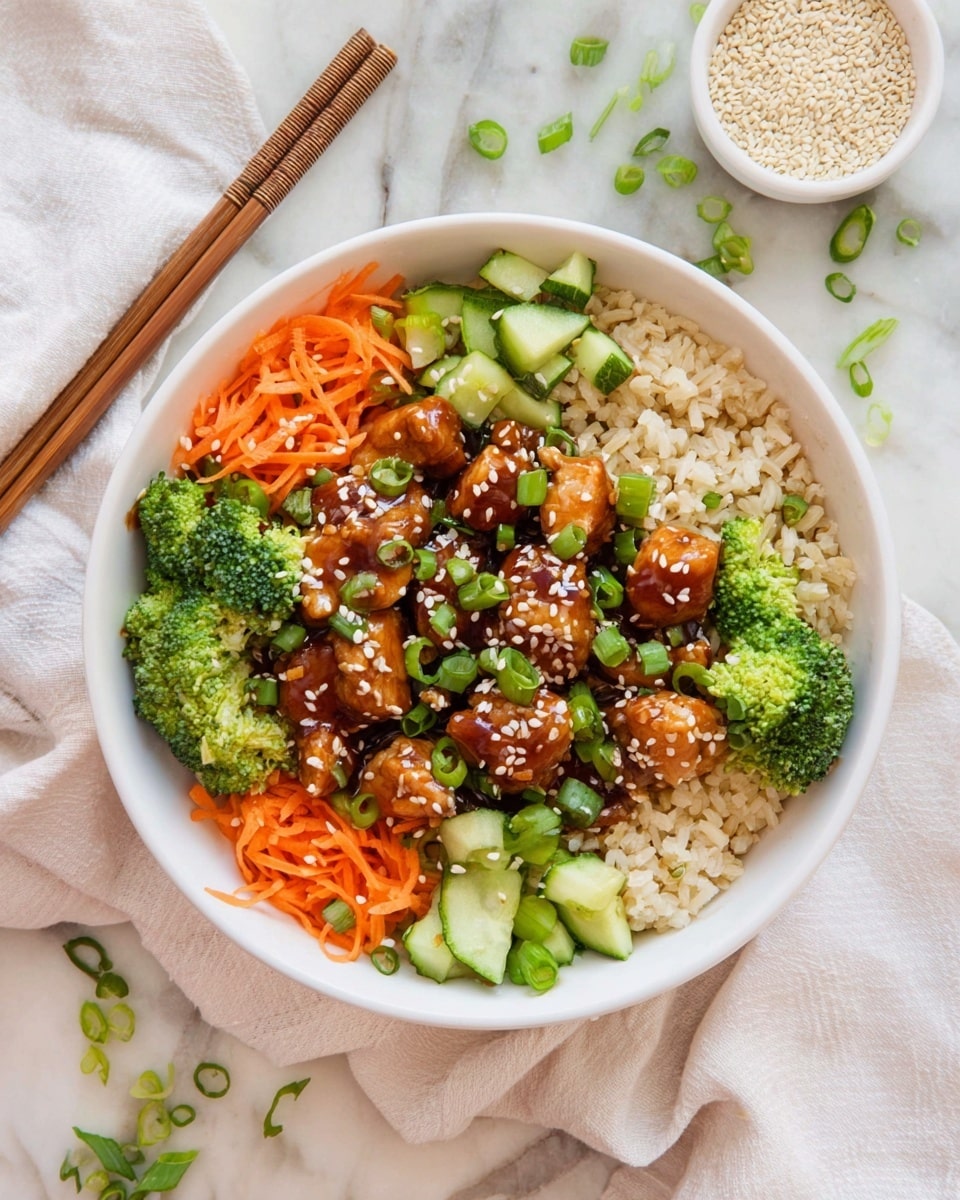 A white bowl filled with a base layer of light brown cooked rice, topped with a colorful arrangement of food including bright orange shredded carrots around the edges, vibrant green broccoli florets, and small green cucumber slices scattered on top. In the center, there are small pieces of glazed chicken coated with a shiny, dark brown sauce, sprinkled with white sesame seeds and chopped green onions. The bowl is placed on a white marbled surface with some broccoli pieces and chopped green onions scattered around, a white cloth napkin with subtle texture beneath the bowl, and a small white bowl of light sesame seeds visible near the top. A pair of wooden chopsticks rests beside the bowl. Photo taken with an iphone --ar 4:5 --v 7