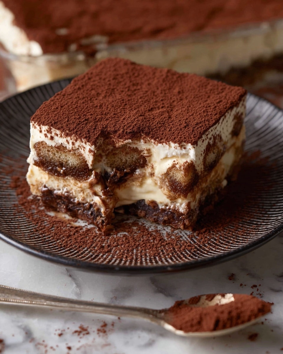 A close-up of a thick rectangular slice of tiramisu shows four clear layers: the top is dark brown cocoa powder dusted evenly, below it is a thick dark chocolate cake layer with a moist texture, followed by a creamy white mascarpone cheese layer with visible coffee-soaked ladyfinger biscuits in light brown with sponge texture, and at the bottom is another dark chocolate cake layer. The slice is surrounded by other similar rectangular pieces of tiramisu, all dusted with a fine layer of cocoa powder, arranged closely on a white marbled surface. photo taken with an iphone --ar 4:5 --v 7