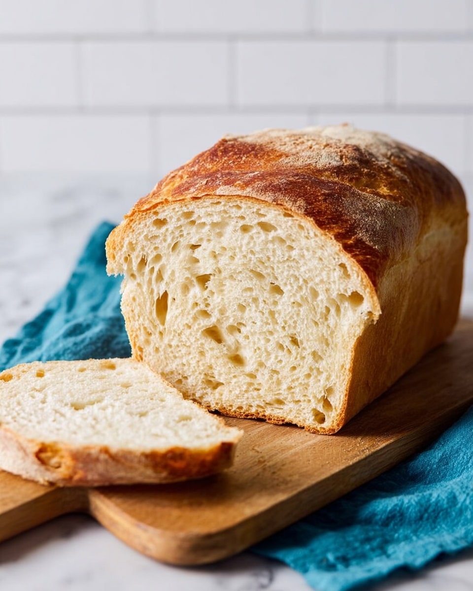 The image shows five slices of white bread arranged in a slight overlapping line on a wooden cutting board. The bread slices have a soft, airy texture with many small holes inside and a light golden-brown crust. Behind the slices, there is a large, unsliced loaf of bread with a golden crust. A blue cloth is partially visible under the loaf, and the surface beneath the board is a white marbled texture. A silver knife is placed next to the cutting board in the lower part of the image. photo taken with an iphone --ar 4:5 --v 7