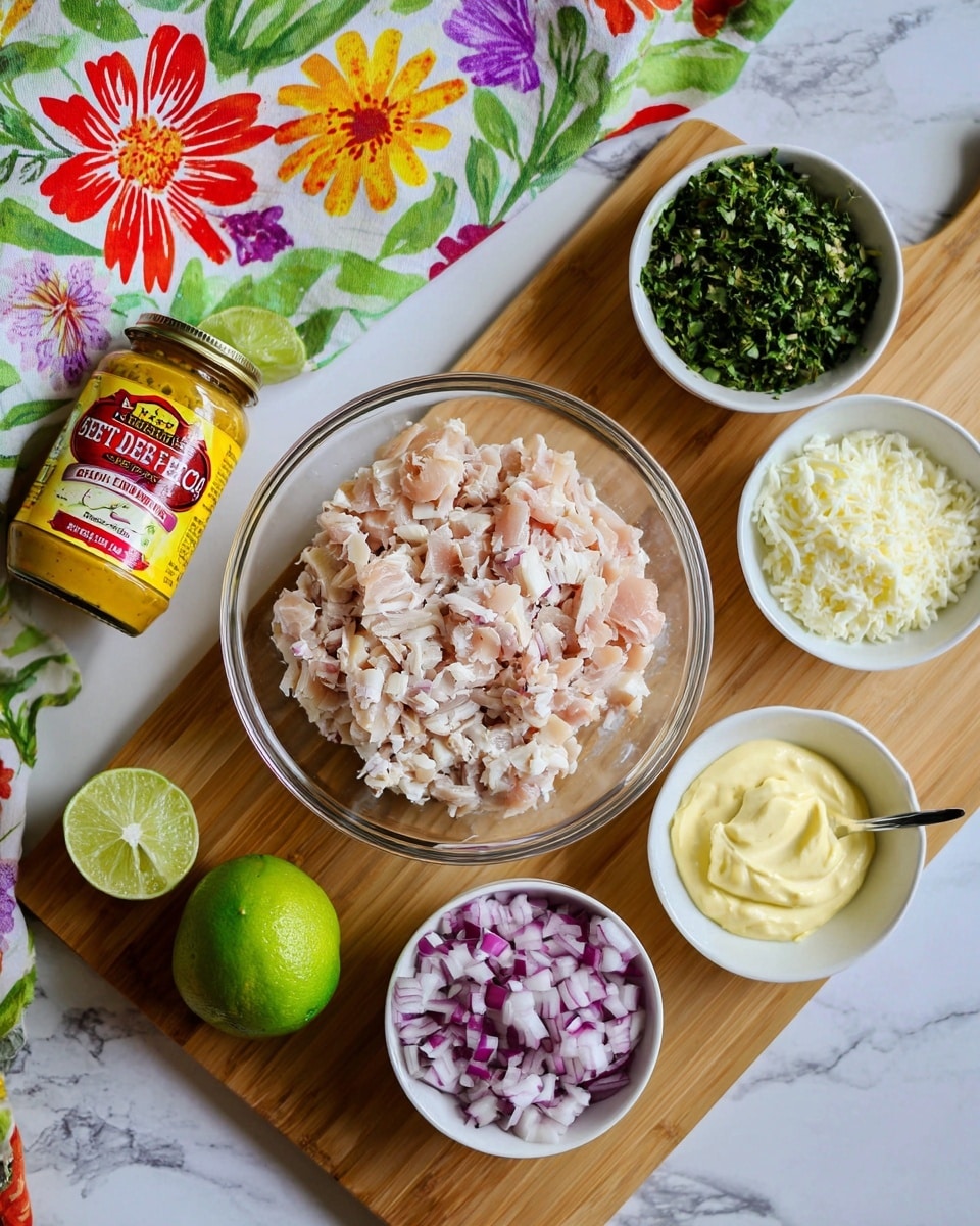 A clear glass bowl sits at the center filled with chopped light pink chicken pieces, placed on a wooden cutting board. Around the bowl, four small white bowls hold finely chopped purple and white onions, chopped green herbs, crumbly white cheese, and a dollop of light yellow mayonnaise. A halved lime with a bright green rind and pale green interior rests next to the bowls. To the left, there is a jar of yellow pepper paste with a red and yellow label, alongside a bright floral cloth with green leaves and red, yellow, and purple flowers. The whole scene is set on a white marbled surface. photo taken with an iphone --ar 4:5 --v 7