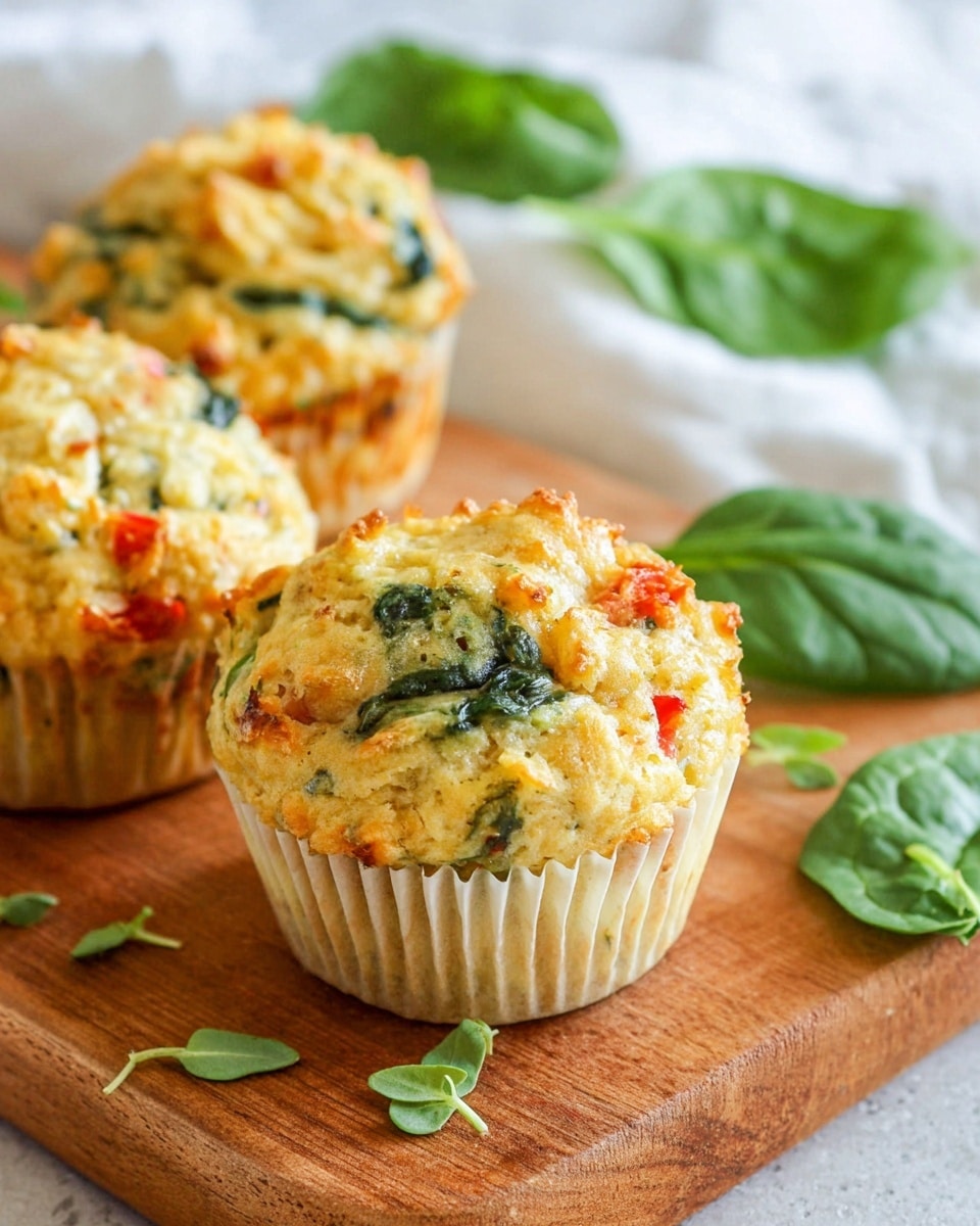 Three savory muffins sit on a wooden board with a few green spinach leaves in the background. Each muffin has a rough textured, fluffy golden top with visible pieces of red pepper and spinach embedded within. The muffins are wrapped in white liners that have slight ridges, and small green herb leaves are scattered around them for garnish. The setting is simple and bright with a focus on the muffins' warm, textured surface. Photo taken with an iphone --ar 4:5 --v 7