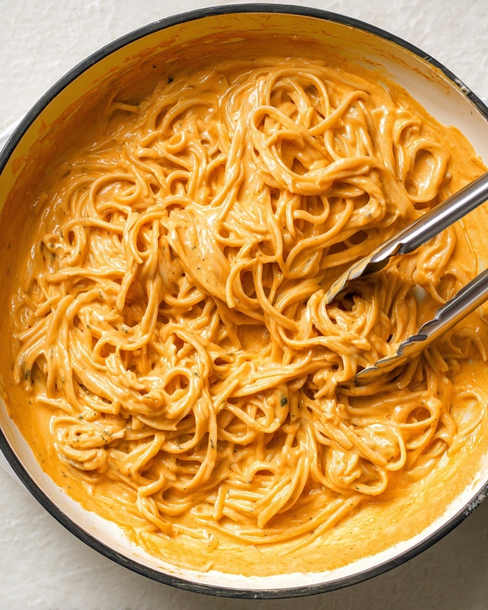 A close-up of creamy pasta tossed in a smooth, thick orange sauce inside a white pan with a black rim, with noodles coated evenly and slightly glossy, and metal tongs lifting some pasta on the right side; the white marbled surface is faintly visible around the edges. photo taken with an iphone --ar 4:5 --v 7