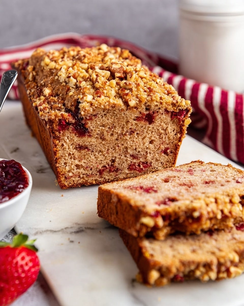 A loaf cake with a golden brown crumb and studded with small red berry pieces throughout is shown on a white marbled surface. The cake is topped with a crumbly layer mixed with crushed peanuts, creating a crunchy texture on the top. Two slices lay in front of the loaf, revealing the soft, moist interior with the same berry bits and scattered nuts. Beside the cake, there is a small white bowl containing bright red jam with a butter knife resting inside it, and a fresh strawberry with a green leafy top adds a pop of color nearby. The scene has a warm, inviting feel with crumbs and nuts scattered naturally around. photo taken with an iphone --ar 4:5 --v 7