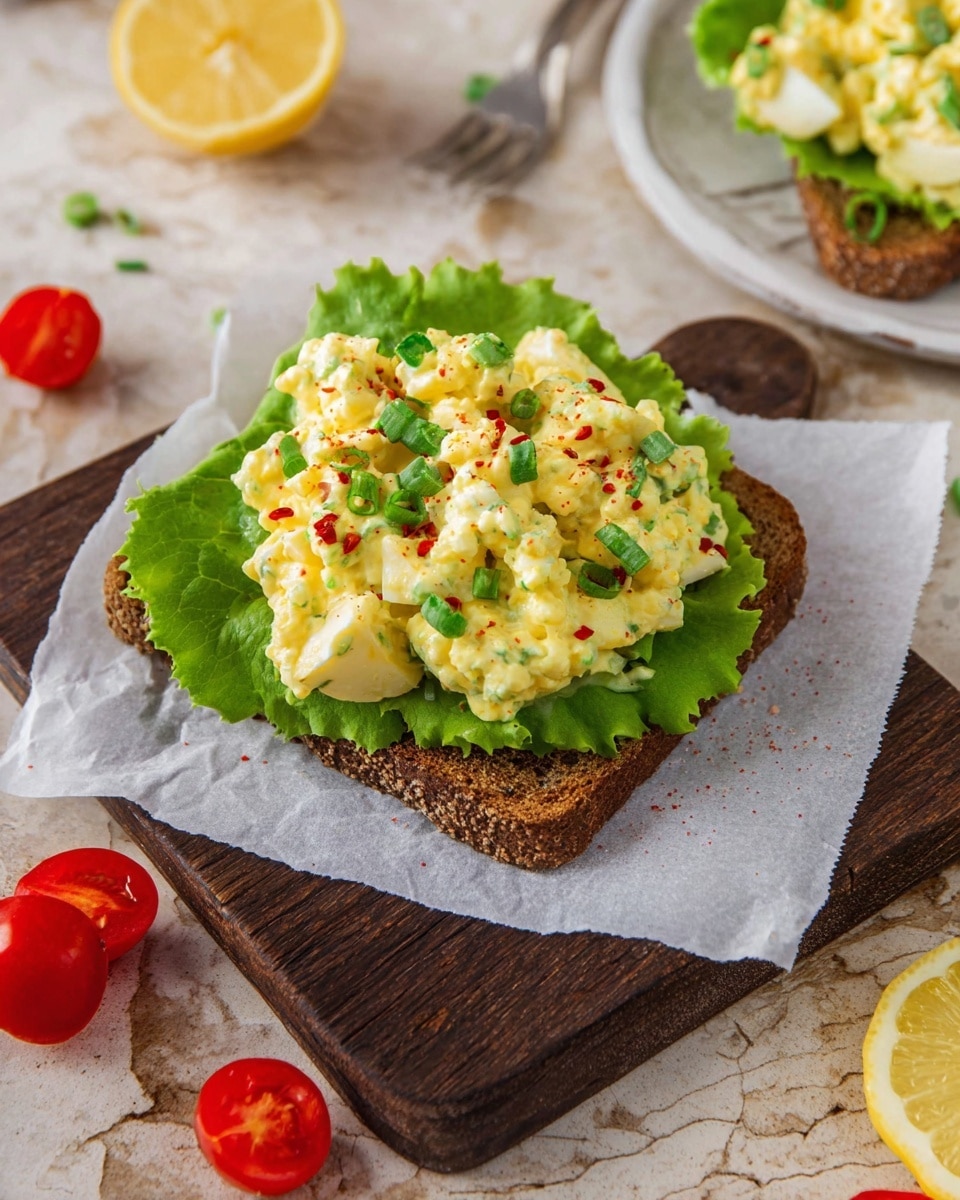 The image shows a creamy egg salad with three main layers: at the base is a piece of dark brown bread topped with bright green leafy lettuce, on top of which is a thick layer of chunky egg salad consisting of yellowish creamy egg pieces mixed with green chives and small red pepper flakes scattered throughout. Behind this sandwich, there is a white plate filled with more of the egg salad, showcasing its soft texture and creamy sauce, and a silver spoon held by a woman's hand scooping up a generous portion of the salad. A half lemon with a bright yellow color is visible in the background on a white marbled surface, along with a small red tomato piece in the front, adding a fresh contrast to the scene. photo taken with an iphone --ar 4:5 --v 7