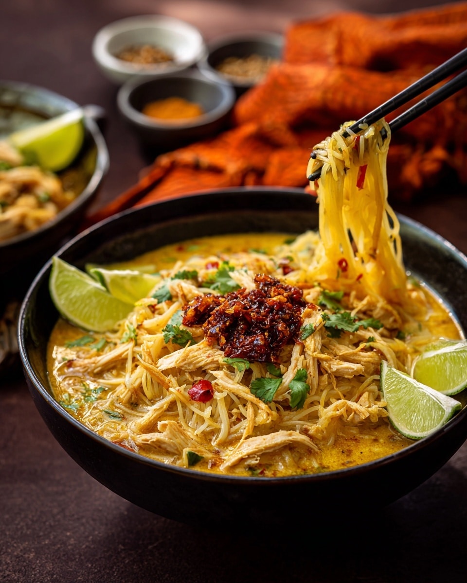 The dish is presented in a deep dark bowl placed on a white marbled surface with an orange cloth underneath. It has a base of creamy yellowish broth filled with thin, soft noodles mixed with shredded light brown chicken pieces. On top, there is a generous heap of dark red, chunky chili sauce positioned near the center, along with bright green chopped cilantro scattered around. To one side, there is a small pile of crispy fried shallots in a golden brown color. Three thin slices of fresh lime, two light green and one dark green, rest on the edge of the bowl, adding freshness and color contrast. In the background, a small white bowl contains extra crispy shallots and cilantro. Photo taken with an iphone --ar 4:5 --v 7
