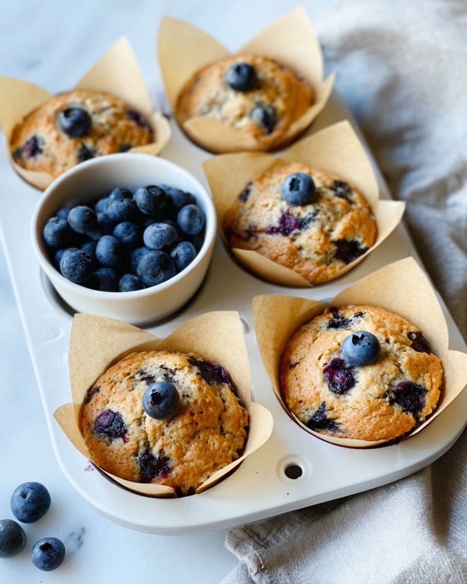 The image shows a woman's hand holding a broken blueberry muffin split into two uneven pieces, revealing a soft, moist inside filled with whole dark purple and blue blueberries. The muffin's top layer is golden brown with a slightly rough texture and visible crumb topping, giving a crunchy look. In the background, there are a few whole muffins resting in white baking cups inside a gray muffin tray on a white marbled surface. The lighting is bright and natural, highlighting the details of the muffin's texture and colors. photo taken with an iphone --ar 4:5 --v 7
