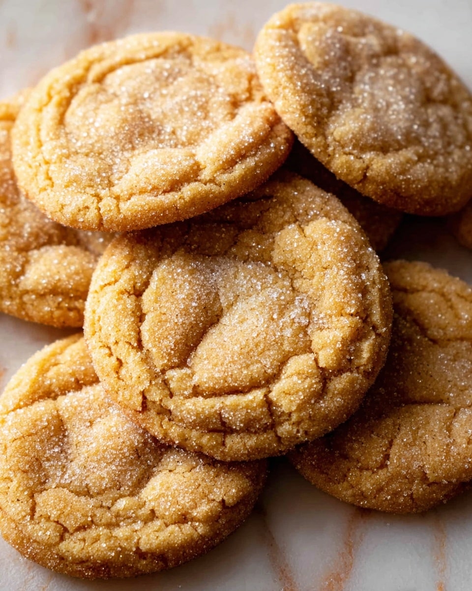 The image shows four round cookies arranged closely on a textured brown parchment paper placed on a white marbled surface. The cookies are golden brown with cracked tops and are coated with a light dusting of granulated sugar, adding a sparkling effect. Small crumbs are scattered around the cookies, giving a fresh-baked feel. The cookies have a soft and slightly puffy texture with visible folds and creases on their surface, showing their homemade quality. Photo taken with an iphone --ar 4:5 --v 7