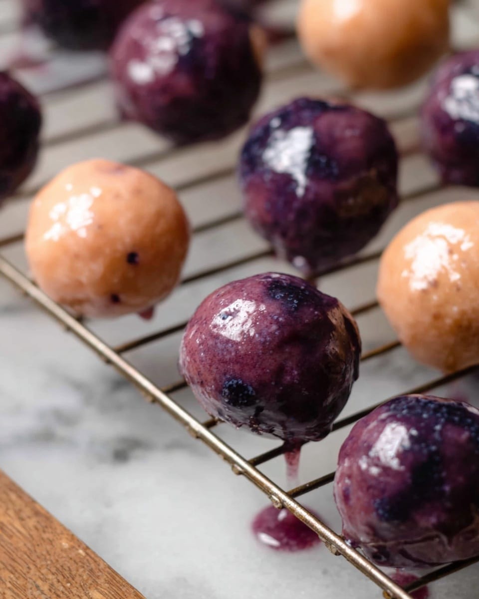 The image shows many small round glazed doughnut holes in two colors: light golden brown with a shiny white glaze, and deep purple with a glossy glaze, placed on a cooling rack over parchment paper. Some doughnut holes are whole and some are cut in half, revealing a soft, moist inside with visible blueberries. There is a white bowl filled with fresh blueberries in the bottom left corner and a silver spoon with some purple glaze on it near the bottom right. The overall look is inviting, with the doughnut holes arranged loosely and showing texture on both the shiny glaze and the fluffy interiors. The background is a white marbled texture. Photo taken with an iphone --ar 4:5 --v 7
