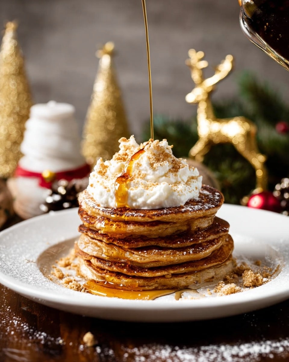 A stack of four thick golden brown pancakes sits on a white plate, topped with a dollop of white whipped cream sprinkled with light brown crumbs. A stream of amber syrup is being poured onto the top pancake, creating a glossy drip down the sides. The pancakes have a soft, slightly uneven texture with some darker spots from cooking. The plate rests on a dark wooden table with scattered crumbs and powdered sugar around. In the background, there are small decorated Christmas trees and a gold reindeer figurine on a white marbled surface. photo taken with an iphone --ar 4:5 --v 7