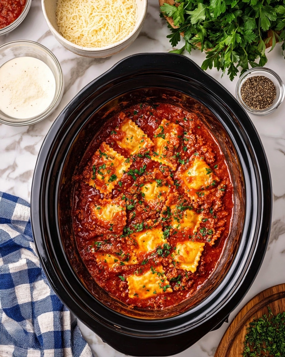 A white bowl filled with lasagna soup that has visible layers of wide, soft, yellow pasta sheets mixed in a thick red tomato meat sauce with ground beef. There are small pieces of green parsley sprinkled on top, and the center is topped with two piles of white cheese—one looks like fluffy ricotta and the other is finely grated cheese. The soup surface glistens with a light oily shine, and the edges of the bowl show some pasta peeking out. Around the bowl, there are slices of toasted bread with a golden crust on a white plate, fresh green parsley on a wooden board, and a small white bowl filled with black pepper. All items rest on a white marbled surface. photo taken with an iphone --ar 4:5 --v 7