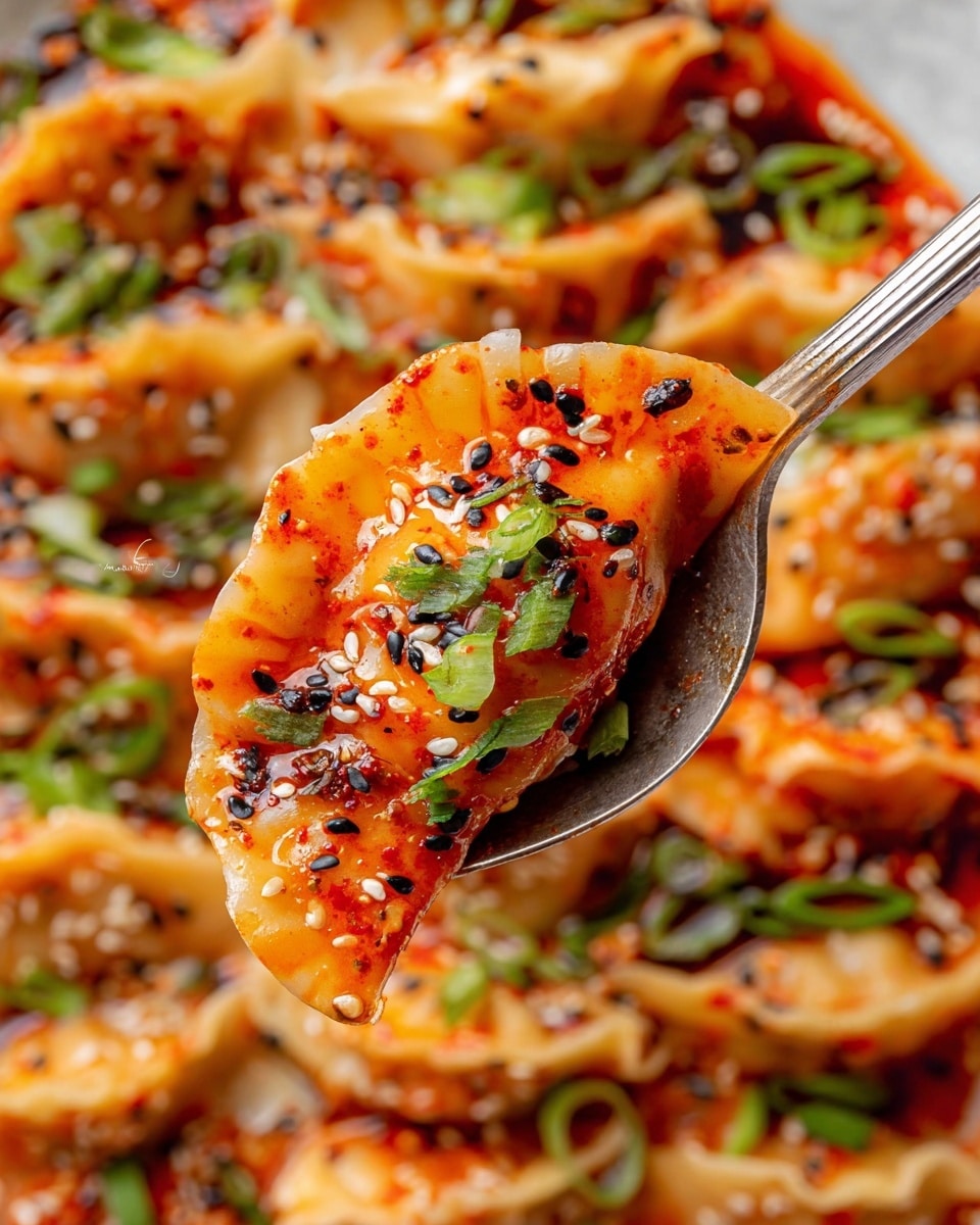 A close-up of a dumpling lifted on a silver spoon shows a soft, light orange outer layer covered with a glossy spicy red sauce. The dumpling is sprinkled with small black sesame seeds, white sesame seeds, and bright green chopped spring onions. The background is filled with many more dumplings in the same sauce and garnishes, all lying on a white marbled texture. photo taken with an iphone --ar 4:5 --v 7