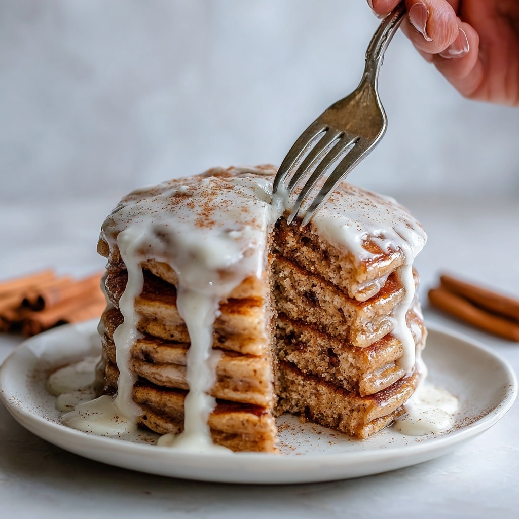 A stack of four thick cinnamon roll pancakes sits on a white plate with a thin brown rim, placed on a white marbled surface. The bottom three layers are golden-brown pancakes with visible swirls of cinnamon, soft and fluffy, slightly uneven in shape. The top layer is a cinnamon roll pancake covered with smooth white icing, which drips down the sides, adding a creamy texture contrast. A red and white checkered cloth and a block of butter on a wooden dish are blurred in the background on the white marbled surface. Photo taken with an iphone --ar 4:5 --v 7