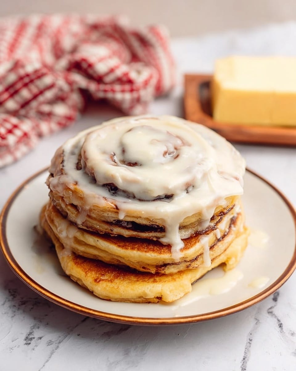 The image shows a close-up of a stack of five pancakes held by a woman’s hand using a fork. The pancakes are light brown with visible layers of darker swirls inside, suggesting cinnamon or chocolate chips. White icing is dripping down from the top pancake, creating a smooth, shiny texture. The background has cinnamon sticks that are blurred out, and the pancakes rest on a white plate set on a white marbled surface. Photo taken with an iphone --ar 4:5 --v 7