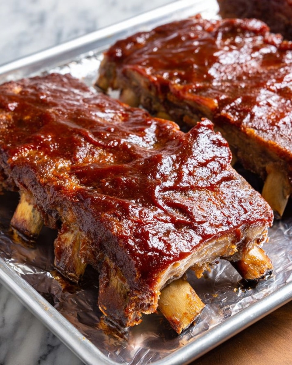 The image shows several pieces of ribs arranged closely on a metal tray. Each rib piece has a thick, glossy layer of dark red barbecue sauce on top, giving it a shiny and sticky look. The ribs’ meat is tender and brown, with some visible white bone sections. The texture of the meat looks soft and juicy, while the sauce has a rich and slightly uneven spread that highlights the ribs' curves. In the background, there is a small white bowl filled with extra dark sauce. The whole setting is on a white marbled texture. photo taken with an iphone --ar 4:5 --v 7