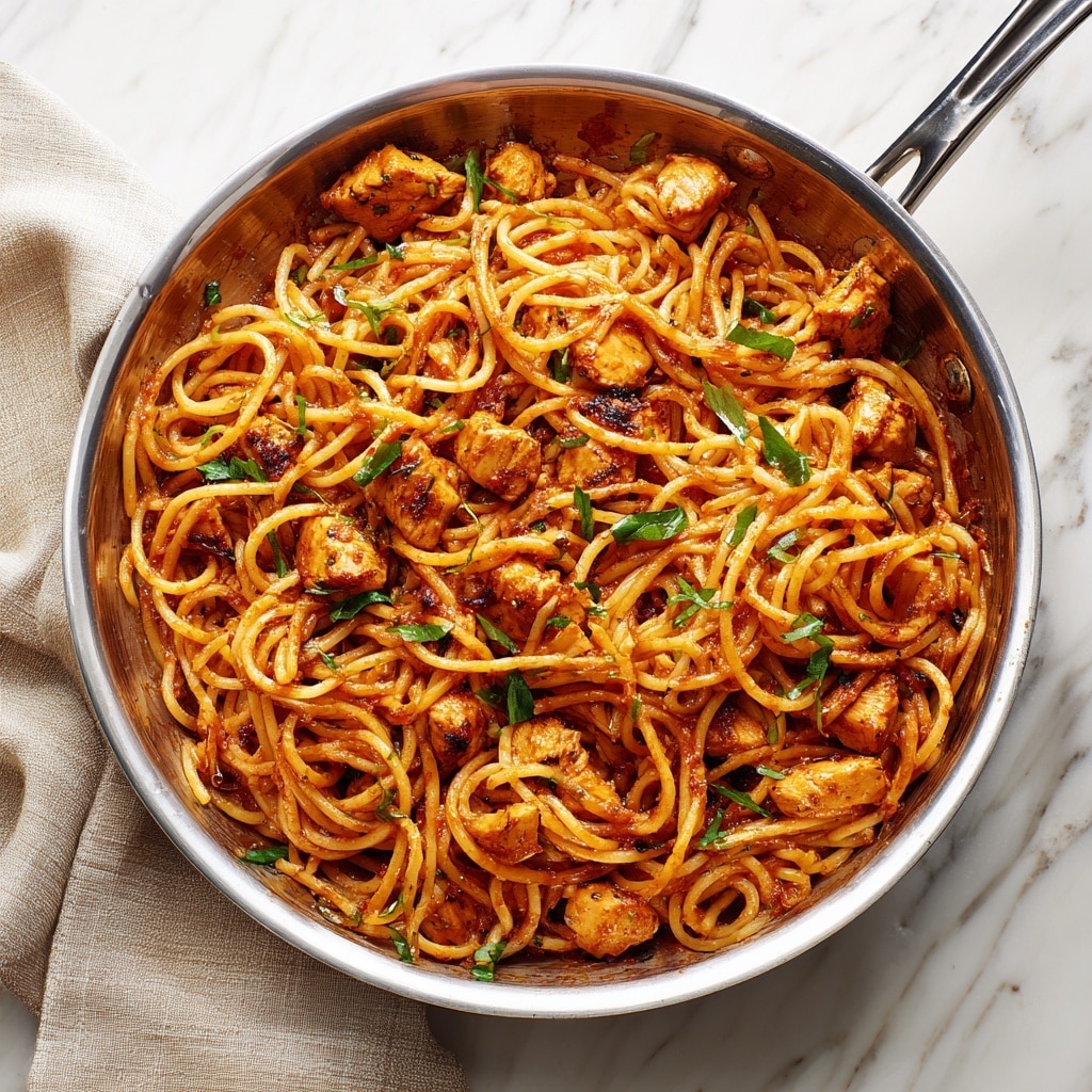 Two side-by-side images show the cooking process of a pasta dish in a silver pan on a white marbled surface. The left image shows a thick, rich red-brown sauce with small pieces of browned meat, topped with a neat mound of plain, light yellow cooked spaghetti piled in the center. The right image shows the sauce and spaghetti fully mixed, with the noodles coated evenly in the sauce giving a uniform orange-brown color, and the meat pieces spread throughout the noodles for a textured look. The texture appears soft and slightly glossy. Photo taken with an iphone --ar 4:5 --v 7