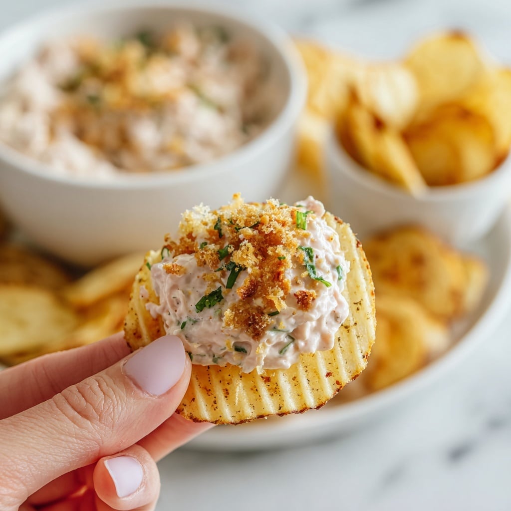 A large white bowl sits on a woven mat on a white marbled surface, filled with a creamy, light orange dip that is thick and slightly chunky in texture. The dip is topped with a generous layer of golden-brown crispy crumbs sprinkled with small green herb flakes. Around the bowl, there are crinkle-cut potato chips, with one chip holding a scoop of the same dip and crumb topping. In the background, there are white bowls containing more potato chips and green herbs. A white cloth with a black grid pattern lies partially in the foreground. photo taken with an iphone --ar 4:5 --v 7