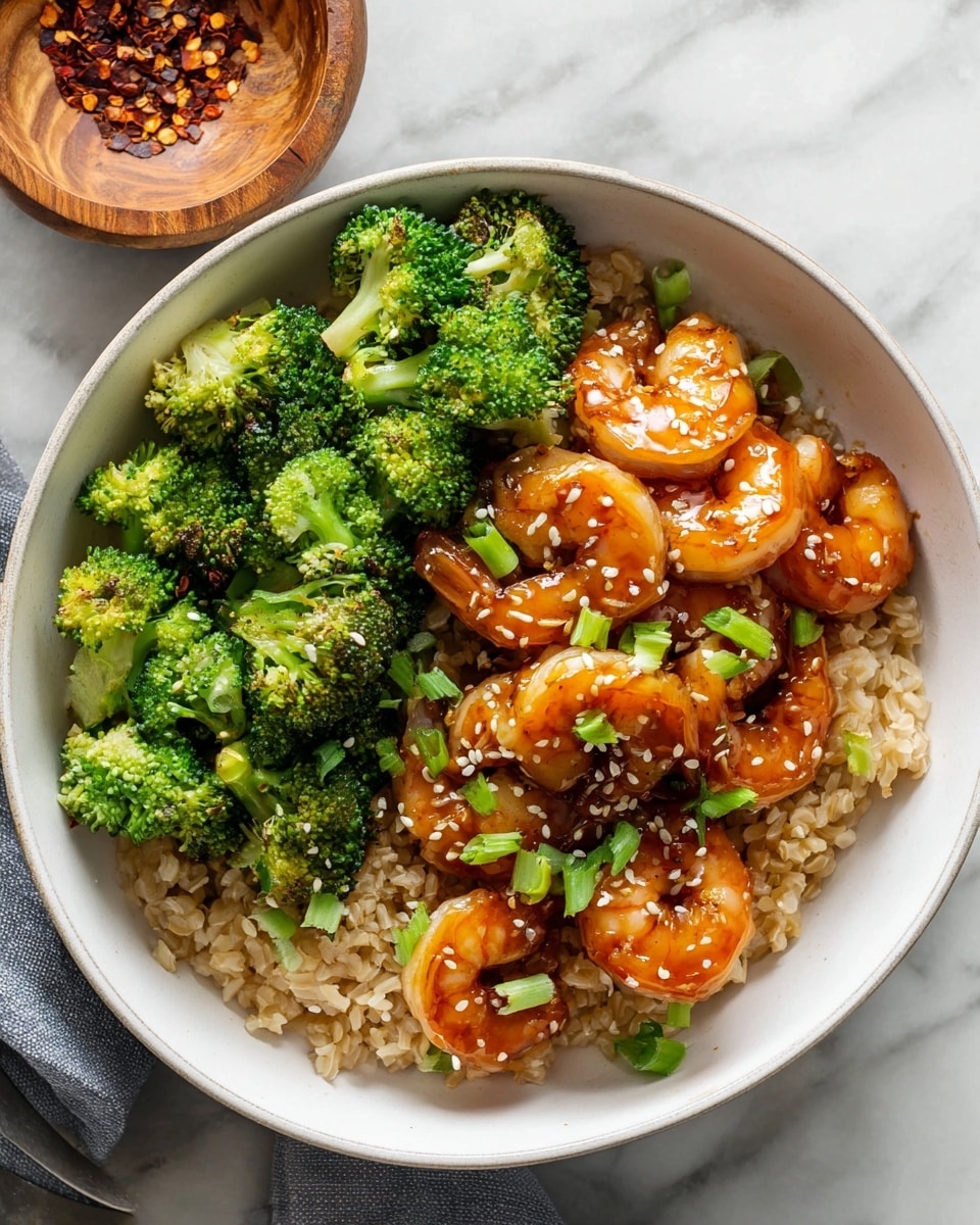 A close-up of grilled shrimp and broccoli stir-fry, showing about two layers; the bottom layer has bright green broccoli florets with a slightly charred texture, some pieces are darker green with crisp edges, and the top layer consists of orange and pink grilled shrimp with char marks, glossy from sauce and seasoning, one shrimp is held up by a silver fork showing its curved shape and juicy texture. The shrimp have small bits of seasoning on them, and there are tiny pieces of green garnish sprinkled throughout. The dish is placed on a white marbled texture. photo taken with an iphone --ar 4:5 --v 7