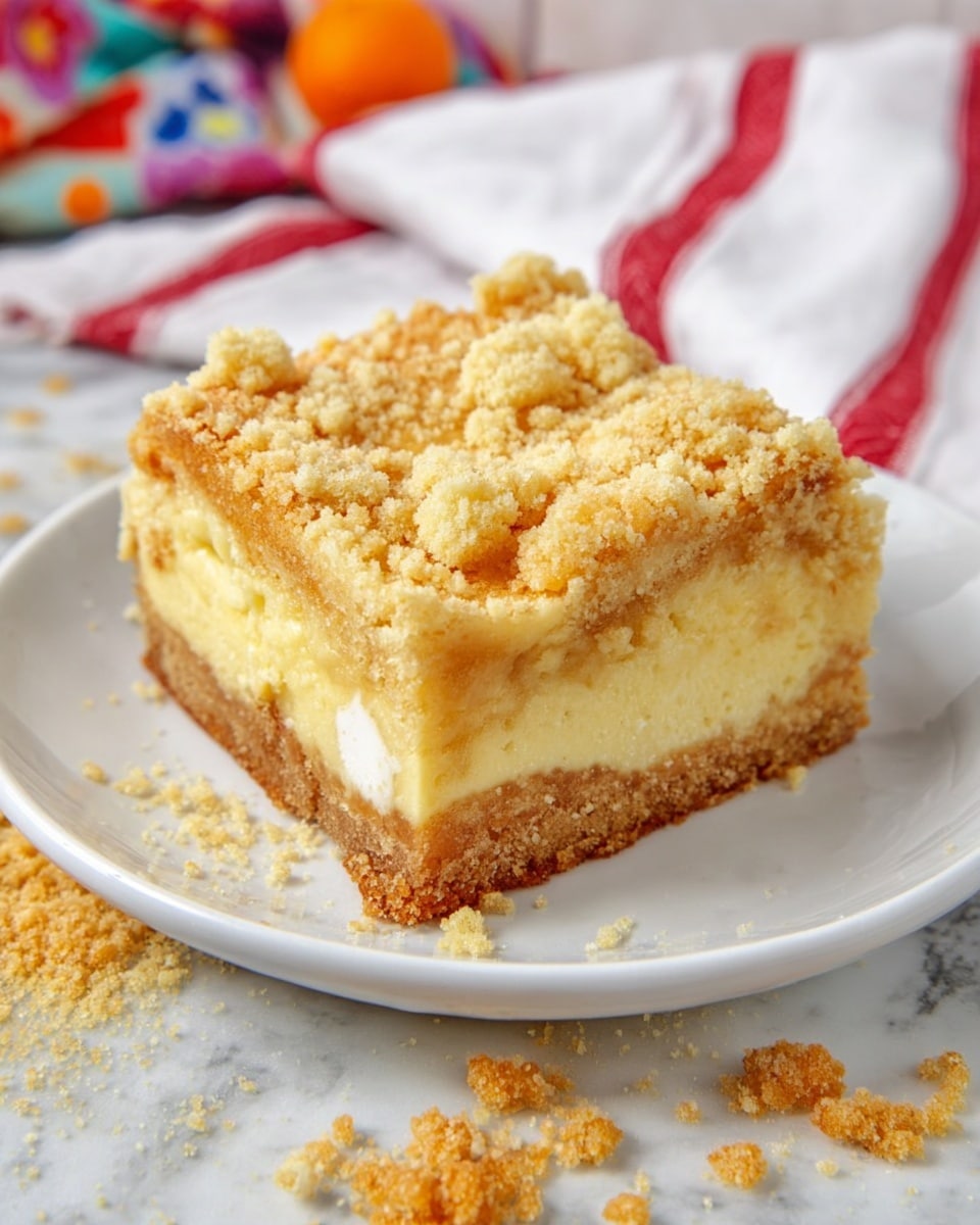 The image shows a baked dessert in a white ceramic rectangular baking dish with light blue edges. The dessert has one thick layer with a golden brown crumbly texture and some small white chunks scattered across the top. The top looks uneven and cracked in places, giving a rustic and homemade feel. The dish is sitting on a white marbled surface with a red and white striped cloth partially visible next to it. photo taken with an iphone --ar 4:5 --v 7