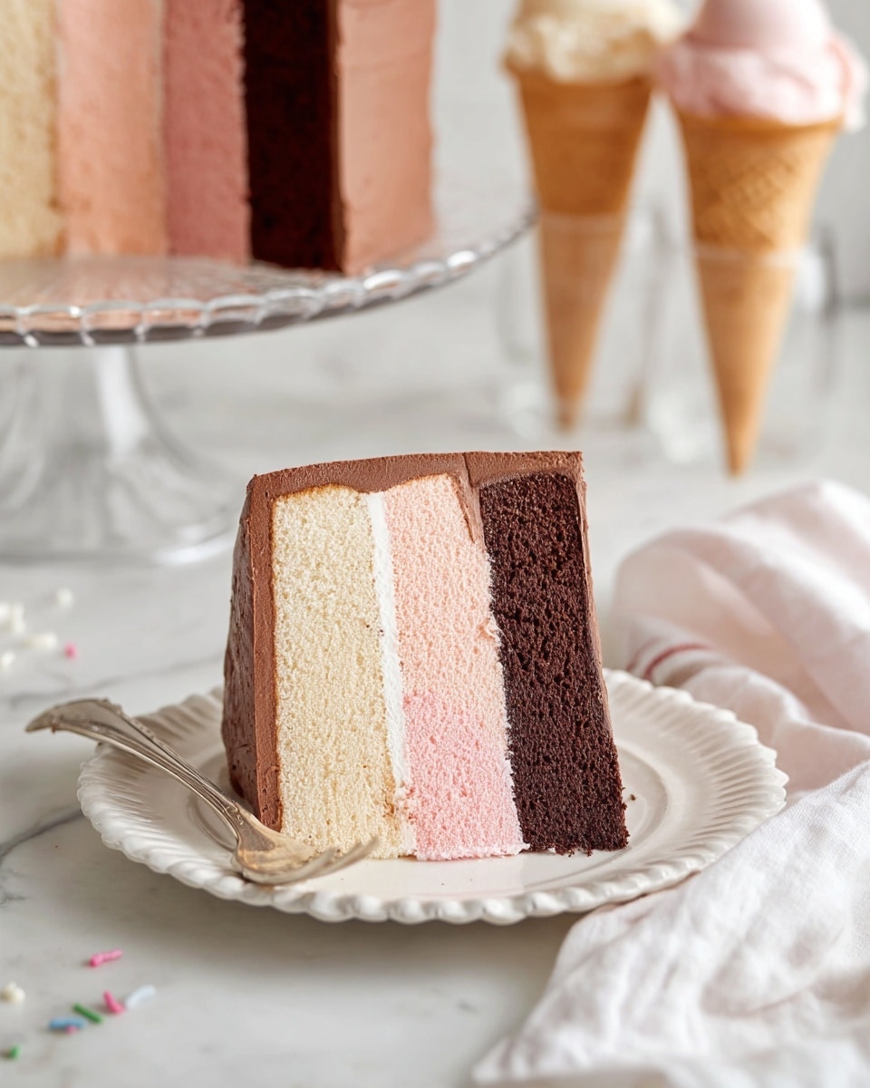 A slice of three-layer cake sits on a white scalloped plate with a silver fork resting beside it; the cake has three thick vertical layers from left to right: light beige, soft pink, and dark chocolate brown, each separated by a matching thin layer of frosting, with the entire outside covered in smooth chocolate frosting. The slice is positioned in front of the remaining cake on a clear glass cake stand, and the background features ice cream cones and a white marbled surface, with a white cloth partially visible to the right. Photo taken with an iphone --ar 4:5 --v 7