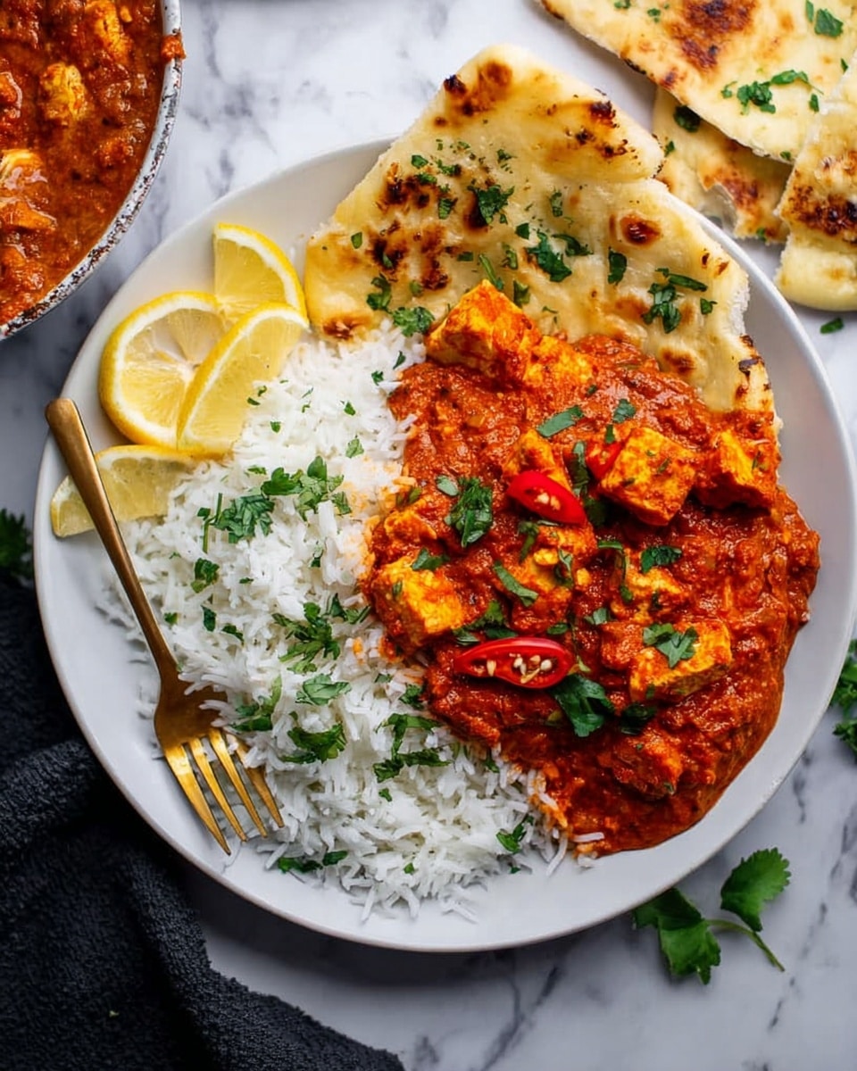 A white plate holds two main parts: on the right is a fluffy layer of white rice sprinkled lightly with green cilantro leaves, and on the left is a thick, rich red-orange curry sauce mixed with pieces of paneer cheese and red chili slices. On top of the curry are fresh green cilantro pieces. At the top edge of the plate, a piece of naan bread with a crisp golden-brown texture leans gently. Two lemon wedges with pale yellow flesh sit next to the naan on the left side. A gold fork rests on the right edge of the plate. In the background, more naan pieces are placed casually on a white marbled surface. Photo taken with an iphone --ar 4:5 --v 7