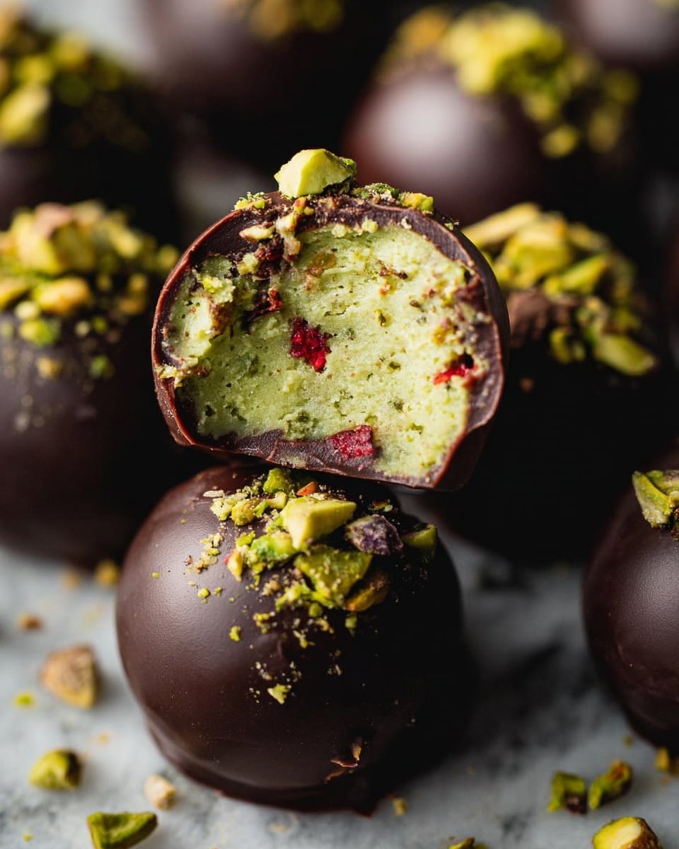 A close-up view of round dark chocolate truffles with a smooth, shiny outer shell; one truffle is bitten open, showing a creamy green filling speckled with red bits inside. The truffles are topped with small chopped green pistachio pieces, and more pistachio crumbs are scattered around them on a white marbled surface. The texture of the filling looks soft and slightly crumbly, with uneven red bits mixed in. The photo is focused on the bitten truffle in the center, with others blurred in the background. Photo taken with an iphone --ar 4:5 --v 7