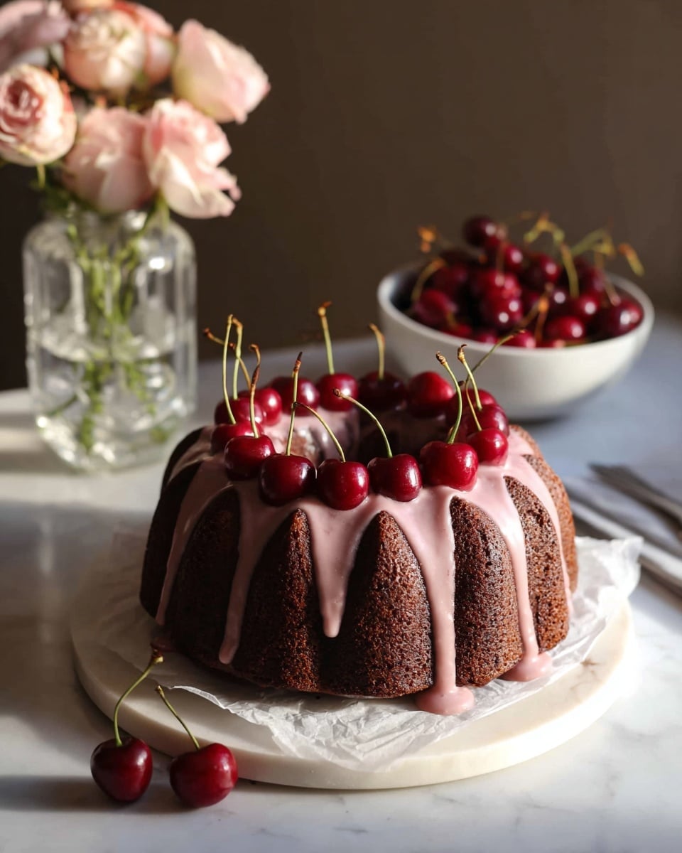 A thick slice of dark chocolate cake shaped like a dome sits on a white plate with a decorative red swirl pattern around the edge. The cake has two layers of rich, moist chocolate with a smooth pink glaze running down its curved surface. A shiny, deep-red cherry with a long stem rests on top, adding a fresh, glossy detail. A metal fork and a small silver cake pick lie beside the cake slice on the plate. In the blurred background, more slices of the same cake and a white bowl filled with cherries are visible on a white marbled surface, with a glass jar of pink flowers behind. Photo taken with an iphone --ar 4:5 --v 7