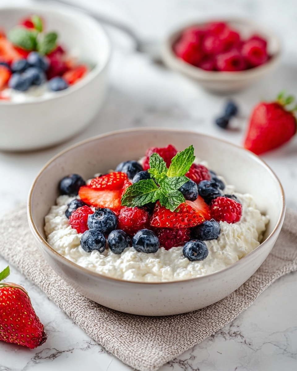 A white bowl filled with a thick layer of creamy white cottage cheese forms the base. On top, a vibrant mix of fresh berries includes bright red strawberries sliced into halves, plump blue blueberries, and whole red raspberries, all evenly spread. A small bunch of fresh green mint leaves sits in the center, adding a fresh pop of color. The bowl rests on a pale brown textured cloth on a white marbled surface, with a blurred second bowl of the same dish and a small bowl of raspberries in the background. photo taken with an iphone --ar 4:5 --v 7