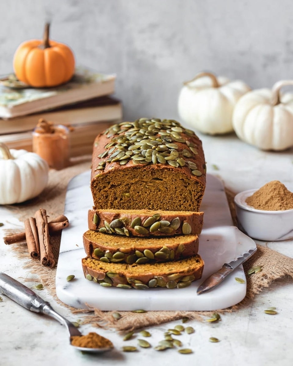 A loaf of pumpkin bread is placed on a white marble cutting board on a white marbled textured surface with two slices cut from the front. The bread is light brown with a soft texture inside and covered evenly on top and sides with green pumpkin seeds. Around the board, there are cinnamon sticks, a butter knife with a metal blade, some white mini pumpkins, and a white dish filled with pumpkin seeds. In the background, there are two stacked books next to a white mini pumpkin and a white dish with a brown powder and a spoon. Photo taken with an iphone --ar 4:5 --v 7