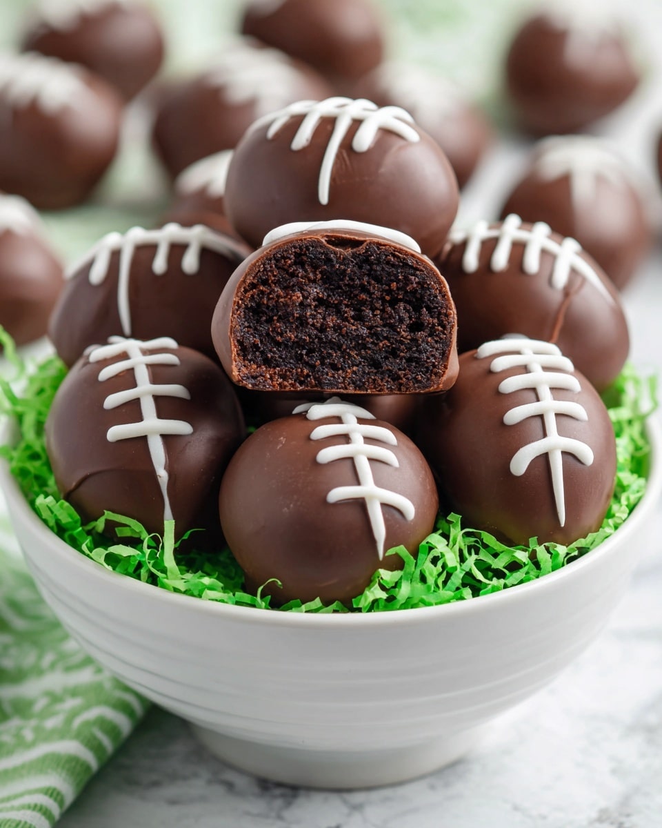 Several small, football-shaped chocolates are arranged across three white bowls and plates. Each chocolate football has a smooth, dark brown outer layer with white icing details that mimic the laces on a football. The chocolates on the main white plate rest on a bed of bright green shredded coconut, resembling grass. Surrounding the main plate are whole chocolate sandwich cookies stacked in groups and more football chocolates placed on top. The setting is on a white marbled surface with a soft, bright light highlighting the texture and details of each item. Photo taken with an iphone --ar 4:5 --v 7