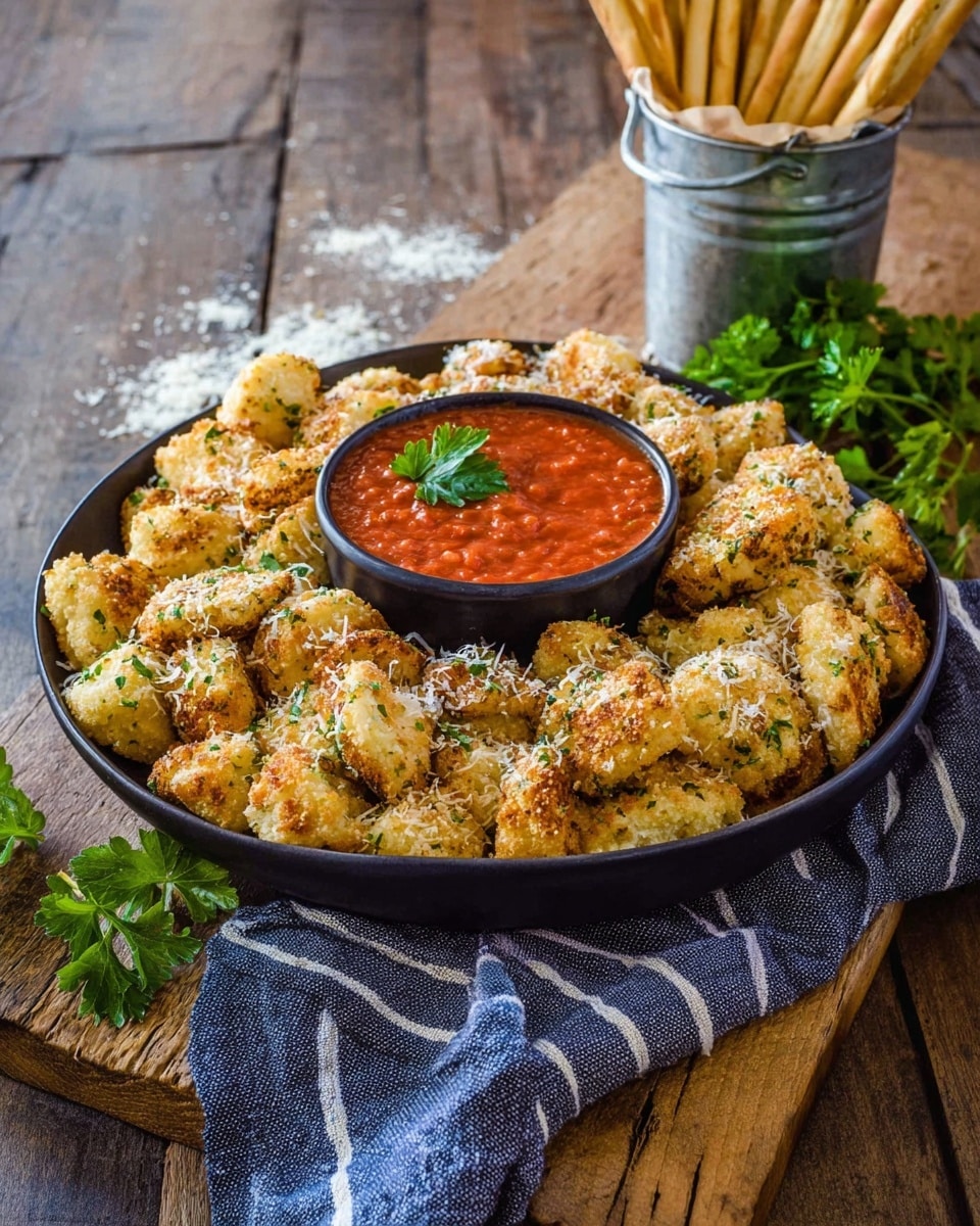 The image shows three white bowls with green leaf designs along the edges, arranged on a dark surface with a white marbled texture underneath. The top left bowl contains yellow tortellini pasta partially coated with white flour, a silver slotted spoon resting inside. The top right bowl holds a bright yellow beaten egg mixture with some tortellini dipped in it, and a metal whisk is partially submerged in the mixture. The bottom left bowl is filled with light brown breadcrumbs with tortellini coated in them. Scattered around the bowls are uncooked tortellini, and a baking tray lined with a silicone mat displays round pieces of tortellini covered in breadcrumbs ready for baking. A white and blue striped cloth is placed on the right side. Photo taken with an iphone --ar 4:5 --v 7