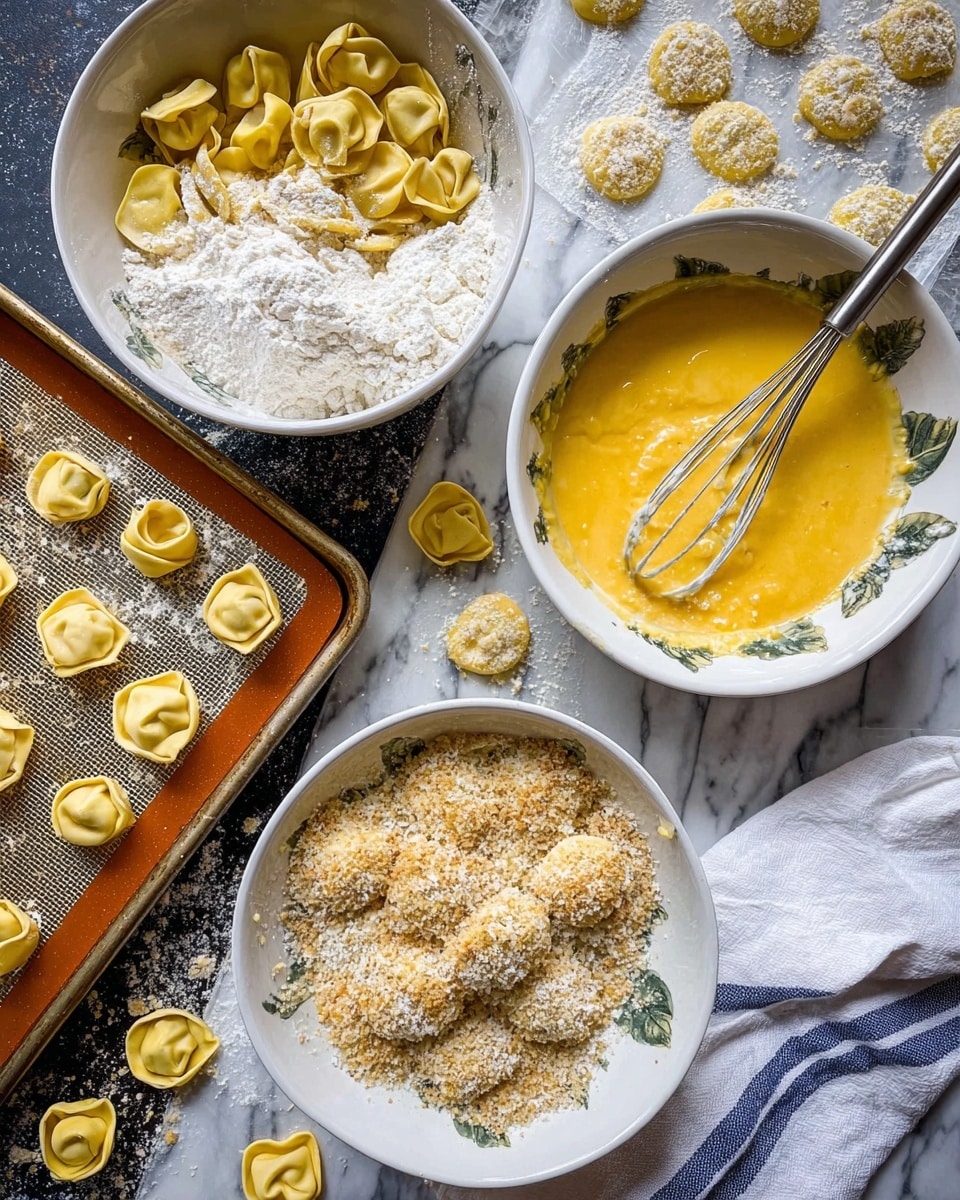A large black bowl filled with many small, golden-brown, crunchy cauliflower bites coated with green herbs and crumbs, sprinkled with white grated cheese on top. Inside the bowl, there is a smaller bowl of bright red marinara sauce with a green parsley leaf garnish placed on top, positioned toward the right side. The bowl is set on a rustic wooden table with a blue and white striped cloth partially underneath it. In the background, there is a small metal container filled with thin breadsticks and some fresh parsley leaves. Photo taken with an iphone --ar 4:5 --v 7