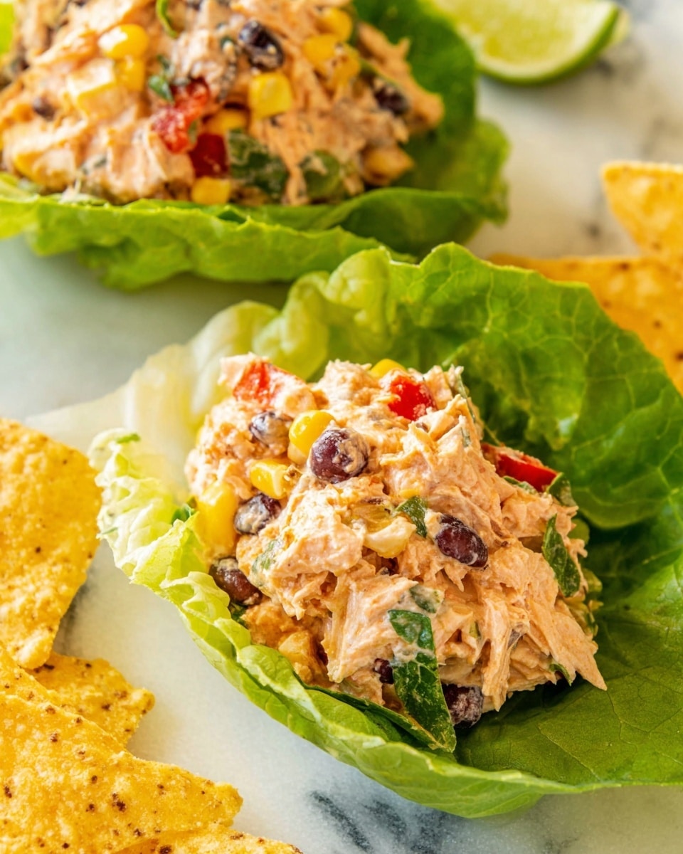 A clear glass bowl filled with a colorful layered salad showing shredded light beige chicken mixed evenly with bright yellow corn, black beans, small red and orange diced bell peppers, and chopped green herbs, all coated in a creamy light orange sauce drizzled on top. Around the bowl on a white marbled surface are a halved red onion with purple rings, two halves of a green lime, a white bowl with orange spice powder, a white bowl with more creamy sauce and a small wooden spoon, some fresh green lettuce on a white plate, yellow and white corn on the cob, and a few light brown tortilla chips next to a blue cloth. photo taken with an iphone --ar 4:5 --v 7